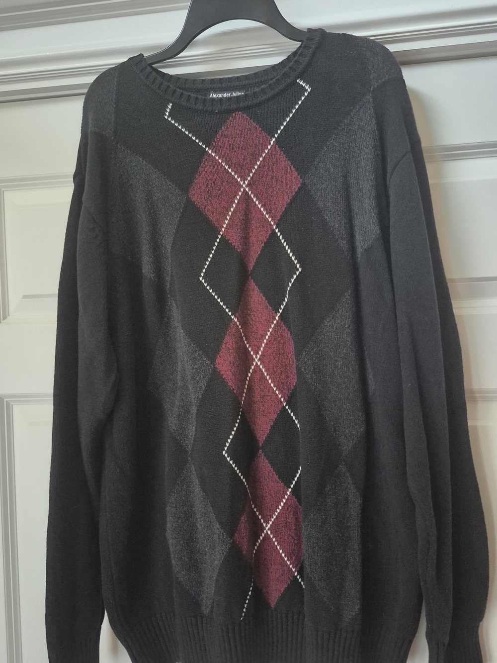 Alexander Julian Black Crewneck Sweater with Burgundy Argyle